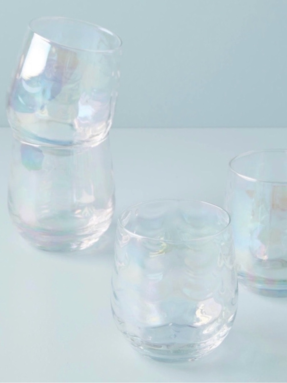 Anthropologie Iridescent Pearl stemless wineglasses Glass  - Sheer Rainbow 4